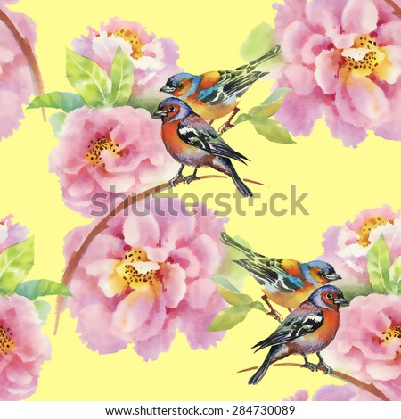 Birds with watercolor garden pink roses flowers seamless pattern on yellow background vector illustration