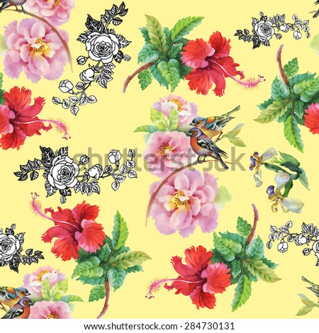 Birds with watercolor garden hibiscus and pink roses flowers seamless pattern on yellow background vector illustration
