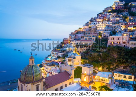 Sunset in Positano, Amalfi Coast, Salerno - Naples, Italy Royalty-Free Stock Photo #284756078