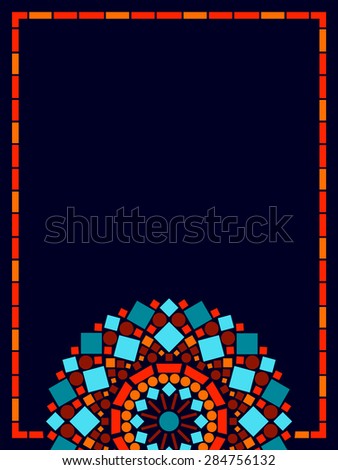 Colorful circle floral mandala frame background in blue and orange, vector