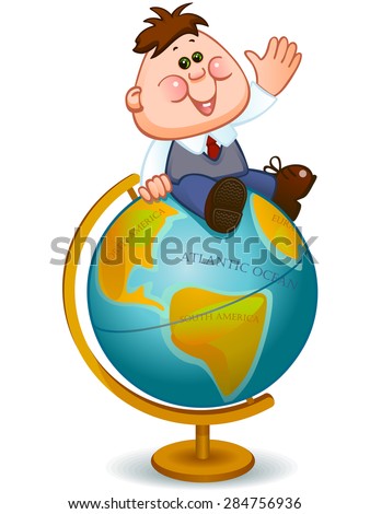 Back to school. geography lesson. school child turns on the globe. Vector illustration
