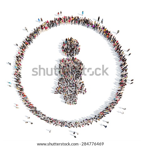 A large group of people in the shape of a man. Isolated, white background.