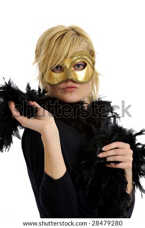 Half body view or lovely blond woman wearing golden mask. Isolated on white background.