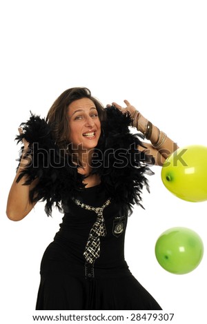 Half body view of beautiful brunette in elegant black wear with black boa and balloons. Isolated on white background.