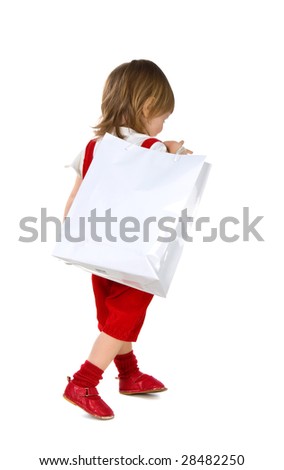 Cute little girl with white bag isolated