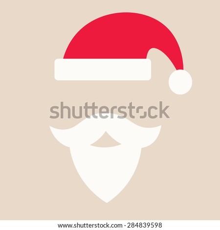 Red Cap with white pompon of Santa Claus and white mustache with a beard isolated on beige background. Greeteng card with Santa Claus hat, flat style,icon. Festive Cristmas poster.Vector illustration.