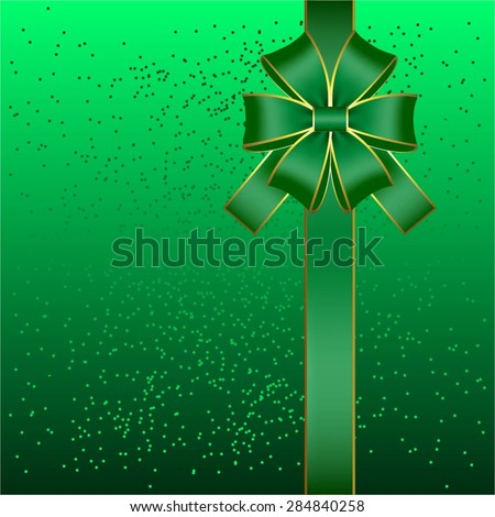 Vector illustration of Gift card. Bow and ribbon on a green background with glitter.
