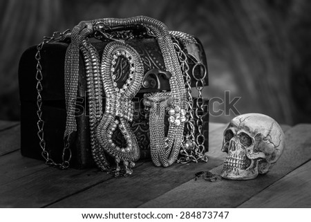 Still Life skull and small box with treasures on wooden  background Low Key