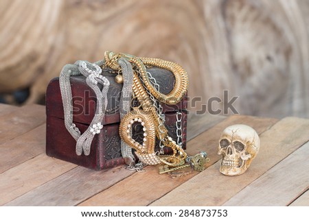Still Life skull and small box with treasures on wooden  background