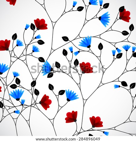 Abstract nature background with red and blue flowers. Vector