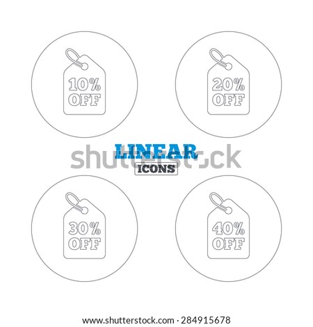 Sale price tag icons. Discount special offer symbols. 10%, 20%, 30% and 40% percent off signs. Linear outline web icons. Vector