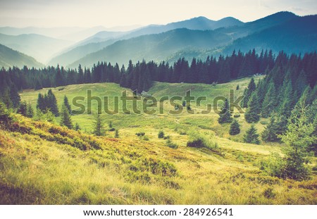 Beautiful summer mountain landscape.Tourist tents near forest. Filtered image:cross processed vintage effect. Royalty-Free Stock Photo #284926541