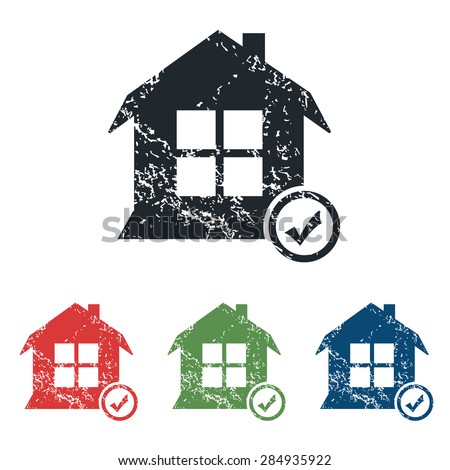 Colored grunge icon set with image of house and tick mark, isolated on white