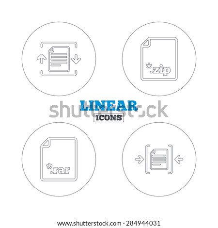 Archive file icons. Compressed zipped document signs. Data compression symbols. Linear outline web icons. Vector