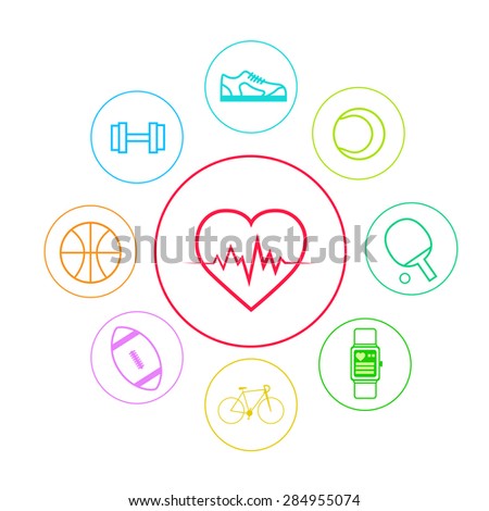 Heart Sport Fitness App Icons Set Thin Line Simple Colorful Collection Minimalistic Style