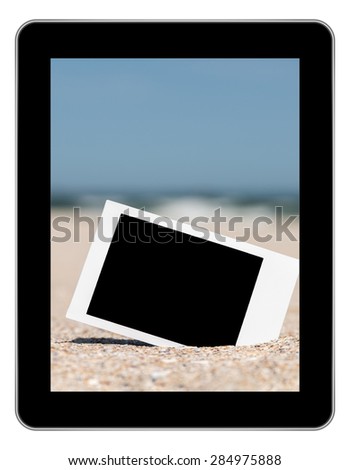 Blank Retro Instant Photo On Beach Sand In Summer On Modern Tablet In iPad Style