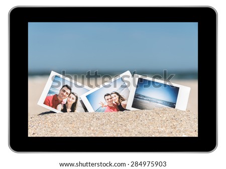 Instant Photo Of Young Couple On Beach On Modern Black Tablet In iPad Style