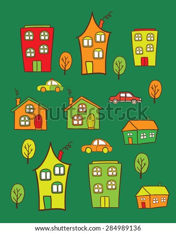 The pattern of colored houses. It can be used as decoration for fabrics, wallpaper,  variety of goods, items or for design and creativity.
Set house handmade