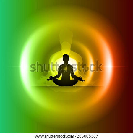 Man meditation on abstract circle aura colorful background. yoga. beam