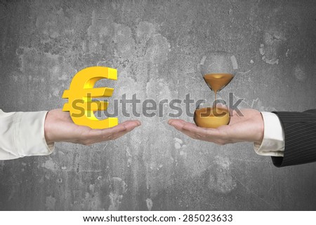 Euro symbol on one hand and hour glass on another hand, with gray concrete wall background, concept of deal and time.