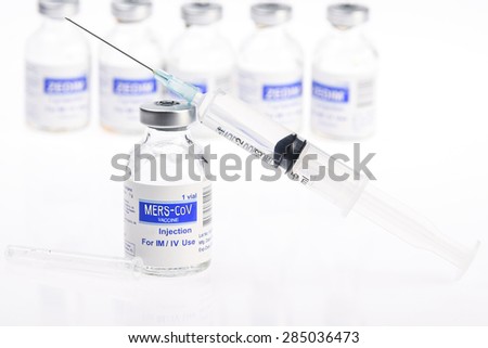 Mers-Cov ,Concept vaccine in vials for  Stop MERS-CoV (Middle East Respiratory Syndrome Coronavirus)  Royalty-Free Stock Photo #285036473