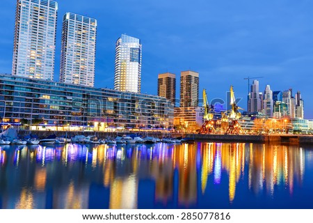 The famous neighborhood of Puerto Madero in Buenos Aires, Argentina at night. 