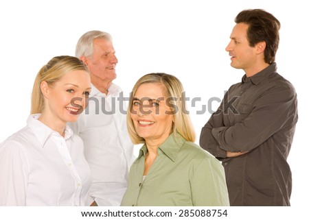 husband wife father in law mother in law standing on white background