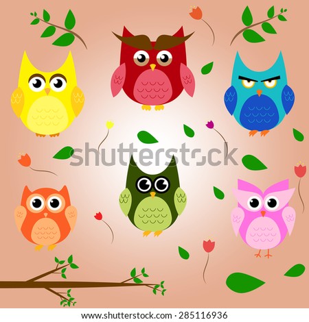 owl branch cartoon set animal character vector design