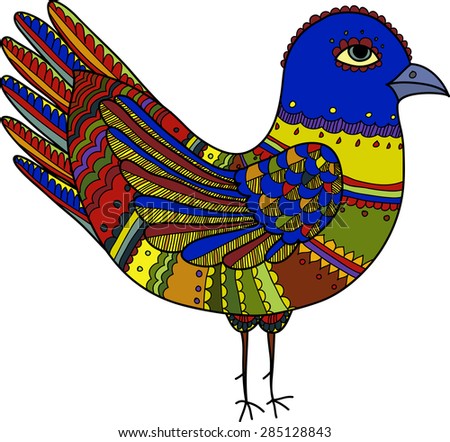 Bright hand drawn ornamental bird. Vector