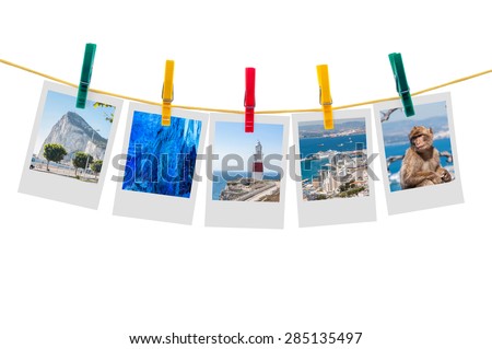 Five photos of Gibraltar on clothesline isolated on white background with clipping path