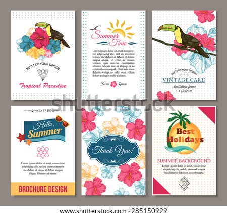 Set of summer hand drawn floral vintage cards. Vector illustration