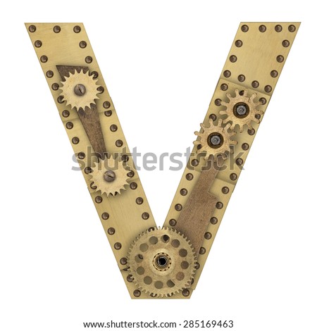 Steampunk mechanical metal alphabet letter V. Photo compilation