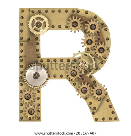 Steampunk mechanical metal alphabet letter R. Photo compilation
