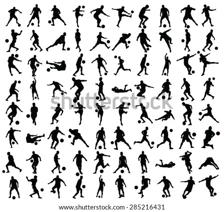 Different  poses of soccer players vector silhouette isolated  on white. Very high quality detailed soccer football editable  players cutout outlines. Soccer  game sportsman collection. Football game.