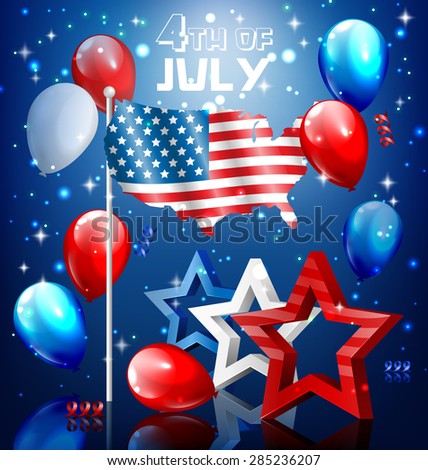 Shiny USA celebration independence day concept with nation flag map stars and balloons on blue background