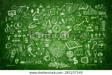 Business doodles on dark green or school board background