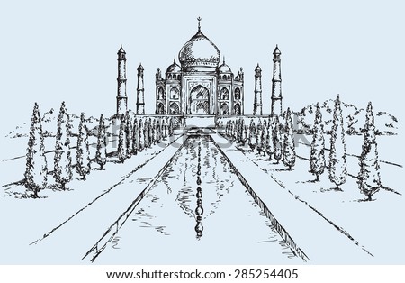 White marble muslim tomb in Agra city, built by Mughal emperor Shah Jahan for his wife Mumtaz. Freehand ink drawn background sketch in art doodle retro style. Panoramic view with space for text on sky