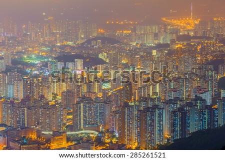 Hong Kong view of Kowloon peak, Hong Kong Island business district. 