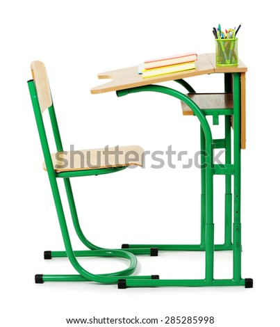 Wooden desk with stationery and chair isolated on white