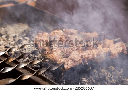 Barbecue on the grill. In the picture, there are grill, rotisserie, smoke and embers