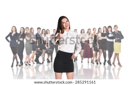 Successful woman standing with their staff in background isolated on white