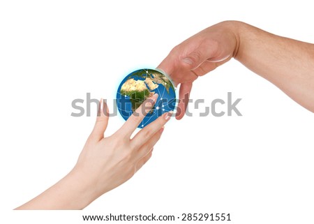 Woman gives a man planet Earth against white background. Elements of this image furnished by NASA