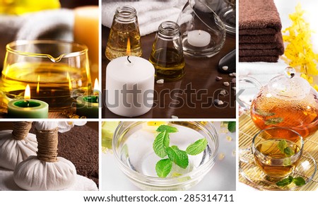 SPA collage from pictures of candles and massage equipment