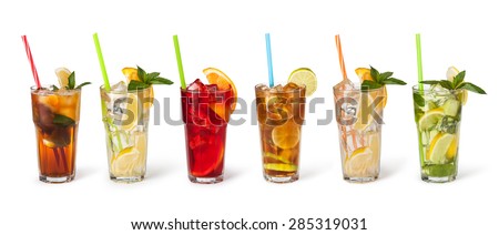 set with different cocktails on white background