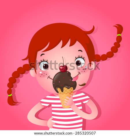 A vector illustration of cute girl eating ice-cream
