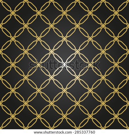 Geometric vector texture with oriental elements. Seamless grill for wallpapers and background. Black and golden pattern