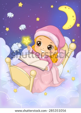 Whimsical Illustration of a Girl Reading a Book in the Sky - EPS 10