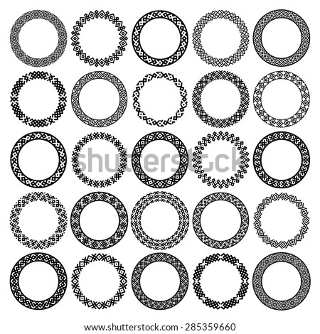Mega set of 25 the most popular round frames. Monochromatic ethnic borders in huge collection. Isolated on white background. Vector illustration. Can use for monogram, logo and stamp designs