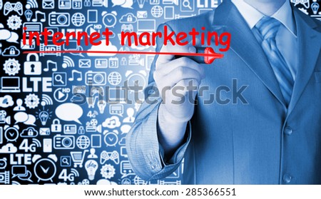 business man writing internet marketing