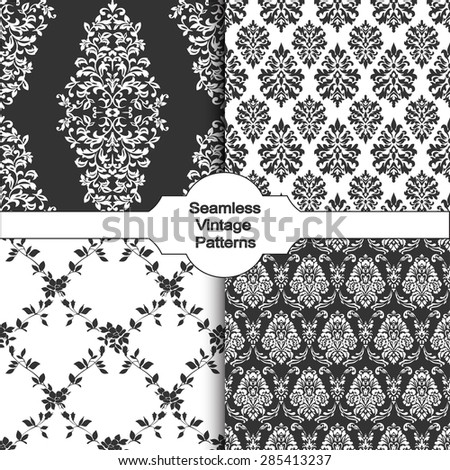 Set of four seamless damask patterns. Classic black and white wallpapers. Vintage vector backgrounds.